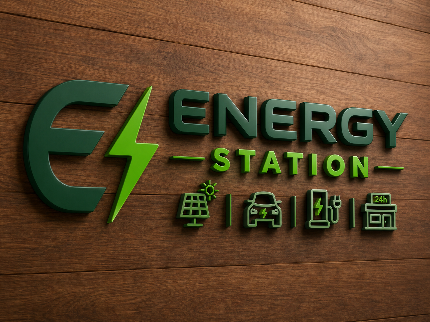 Logo tridimensional da Energy Station aplicada sobre madeira