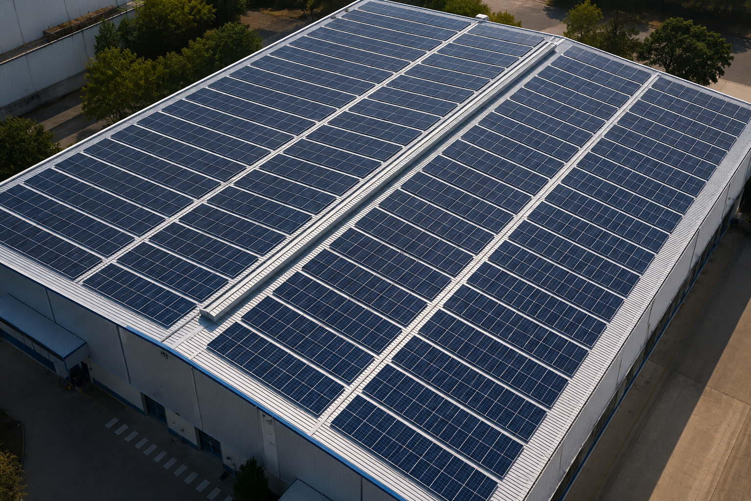 Vista aérea da usina solar em cobertura de galpão